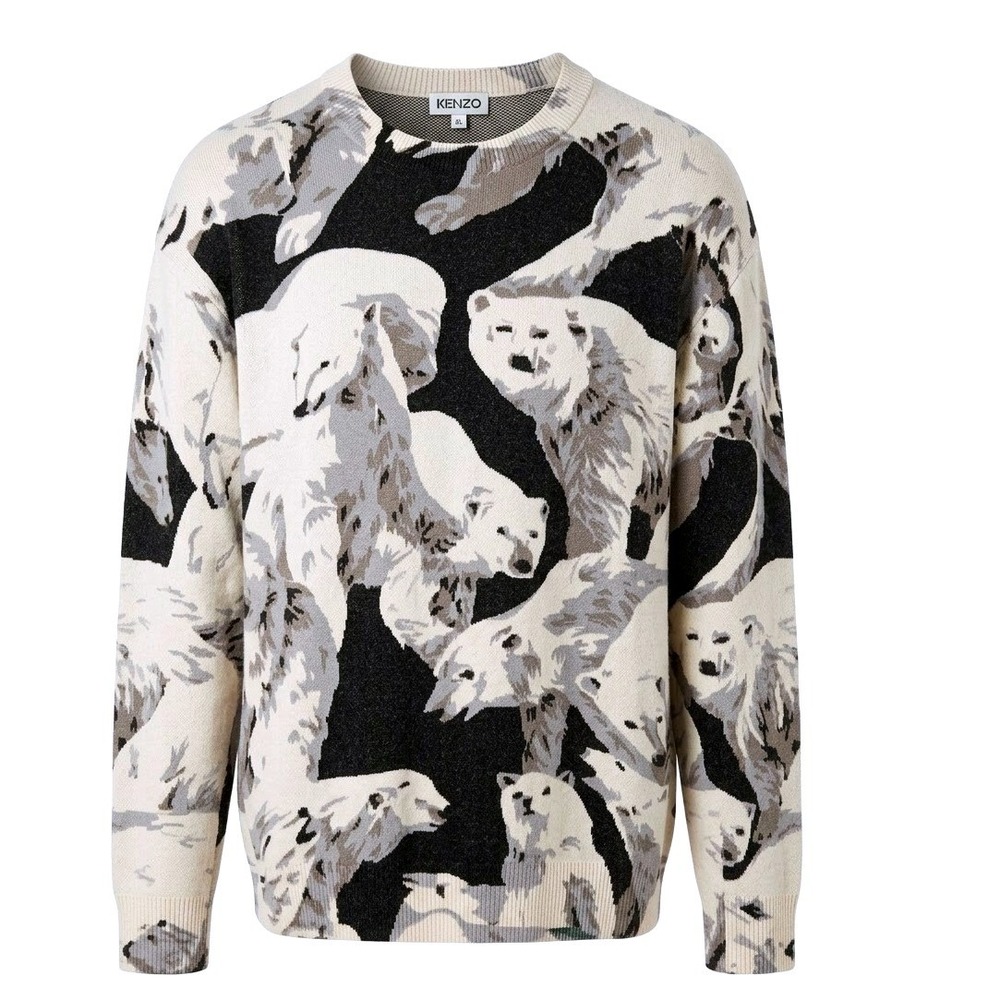 Kenzo Polar Bear Jacquard Wool  Designer Luxury Sweater Black White Grey XL